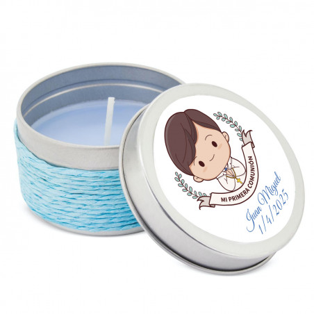 Vela aromática em lata personalizada para a primeira comunhão detalhe elegante e original