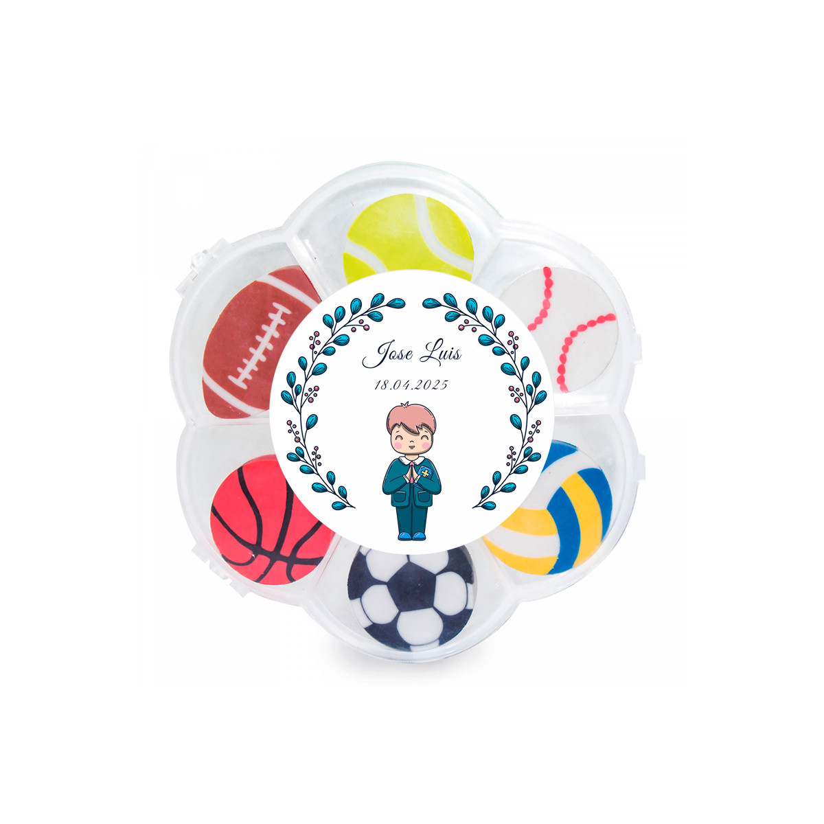 Gomas divertidas com design de esportes personalizado com adesivo de primeira comunhão