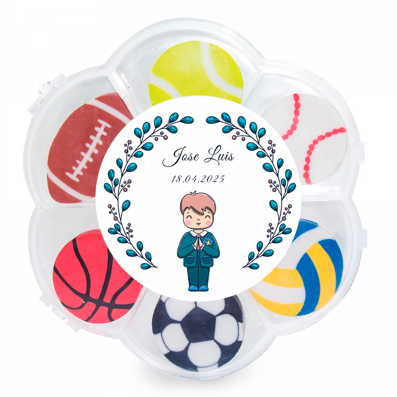 Gomas divertidas com design de esportes personalizado com adesivo de primeira comunhão