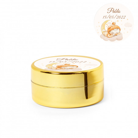 Bálsamo labial em estojo dourado personalizado com adesivo de batizado para presentear