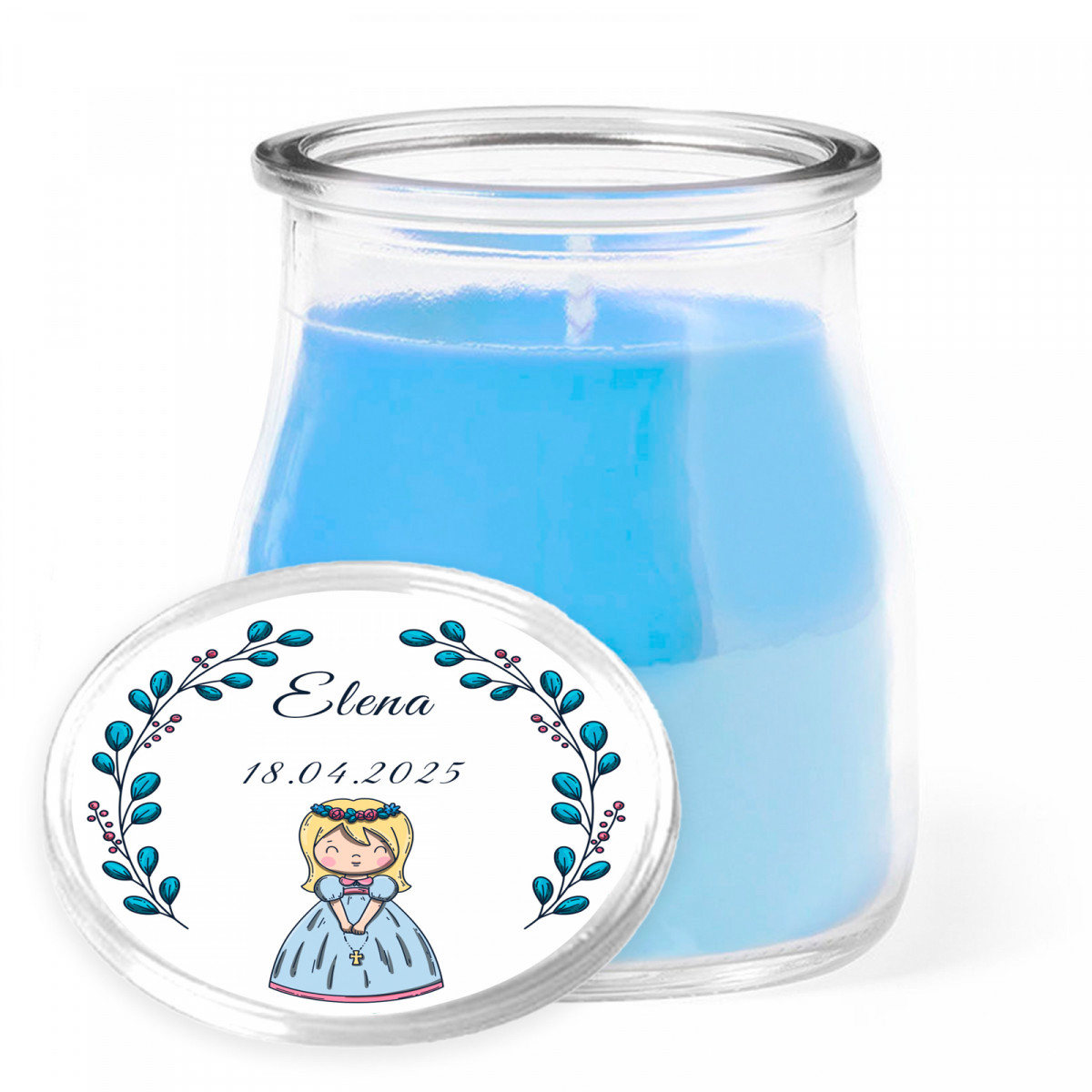 Vela aromática em frasco de vidro com tampa personalizada para lembranças de primeira comunhão
