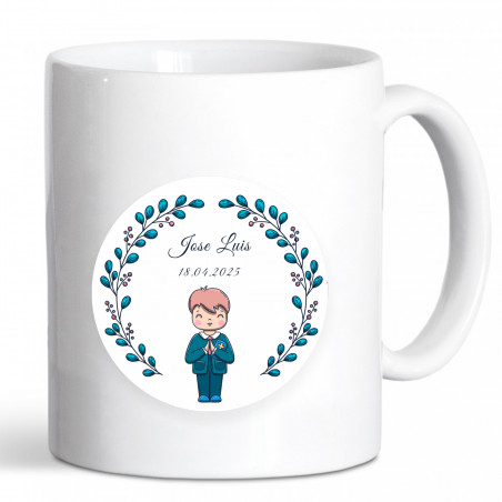 Caneca de cerâmica com adesivo personalizável para detalhes de primeira comunhão para menino