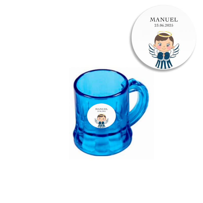 Jarra de shot azul com adesivo de anjo menino para batizados