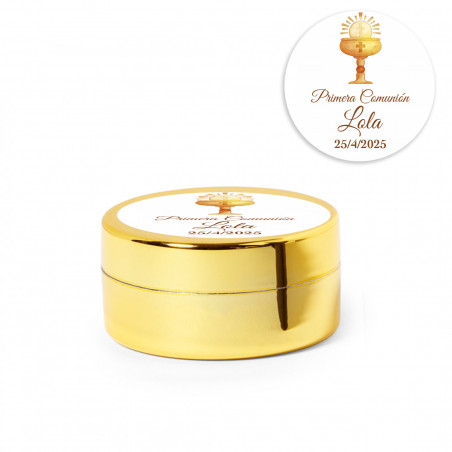 Bálsamo labial em estojo dourado personalizado com adesivo de cálice de comunhão