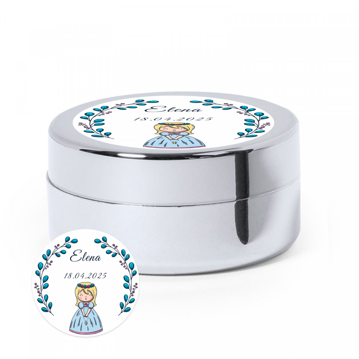Bálsamo prata com elegante adesivo personalizável para detalhes primeira comunhão menina