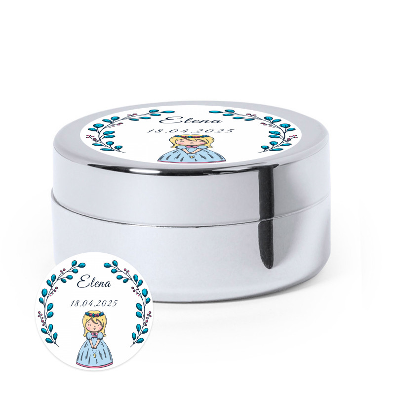 Bálsamo prata com elegante adesivo personalizável para detalhes primeira comunhão menina