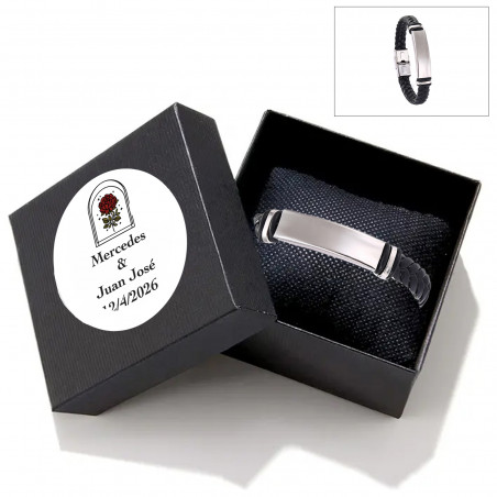 Pulseira masculina em couro e aço inoxidável com caixa de presente personalizada