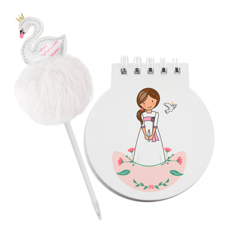 Caderno com caneta cisne para detalhes primeira comunhão menina