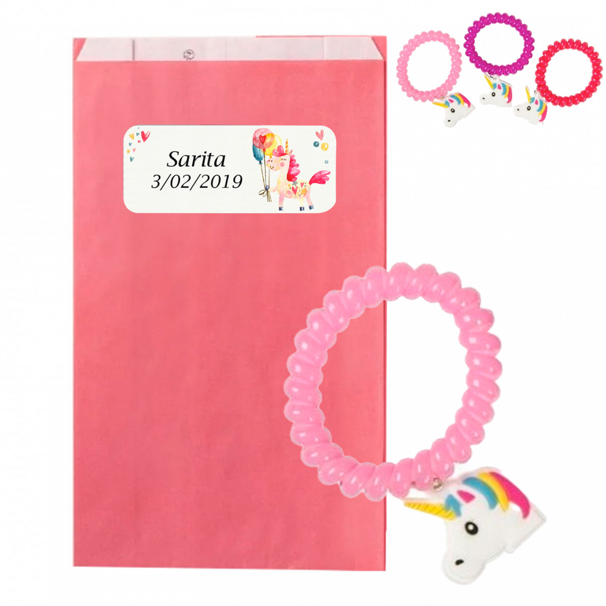 Pulseira unicórnio em envelope kraft rosa com adesivo personalizável para presentear