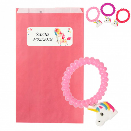 Pulseira unicórnio em envelope kraft rosa com adesivo personalizável para presentear