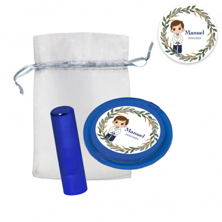 Brilho labial e espelho azuis personalizados em bolsa de organza para comunhão de menino