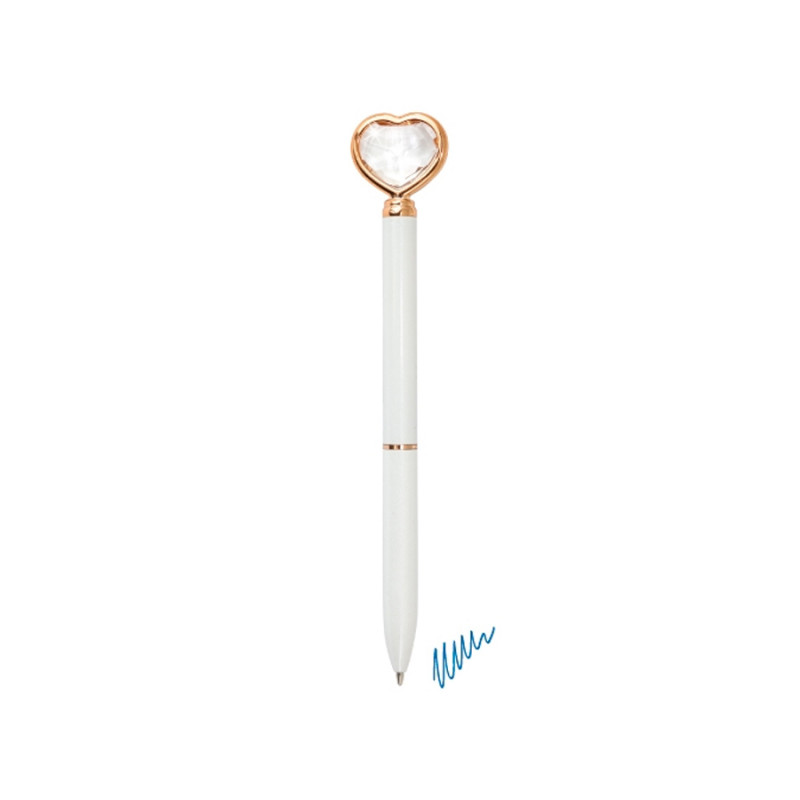 Caneta branca com detalhe coração em forma de diamante e acabamento dourado