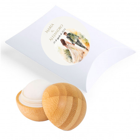 Bálsamo labial de bambu em estojo branco com adesivo romântico de noivos para lembranças de casamento