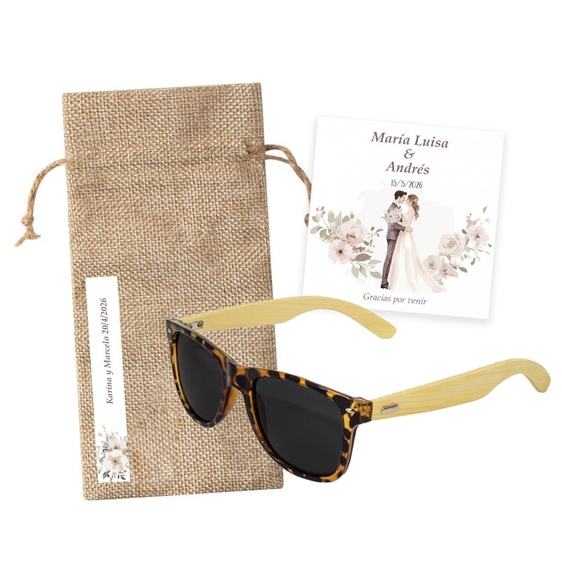 Óculos de sol de tartaruga e bambu em estojo de tecido personalizado e cartão de lembrança para Casamentos