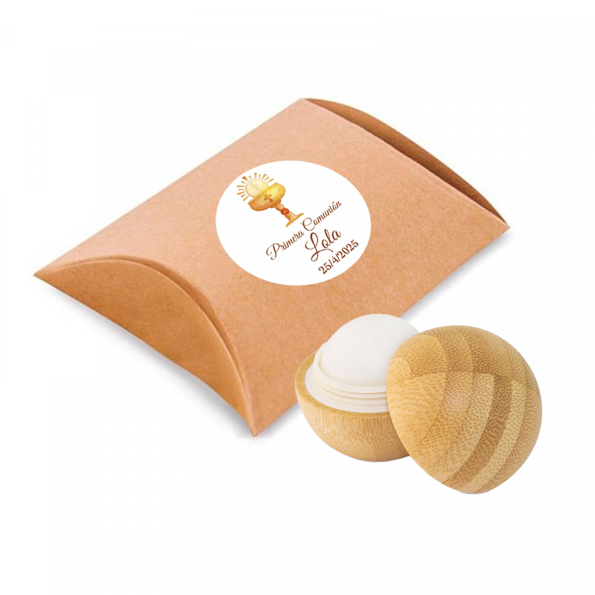 Bálsamo labial eco de bambu em estojo kraft com adesivo para Primeira Comunhão
