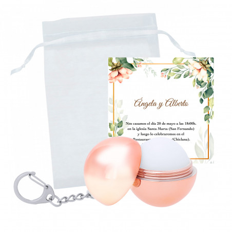 Bálsamo labial em chaveiro com cartão de lembrete floral em bolsa de organza branca para eventos