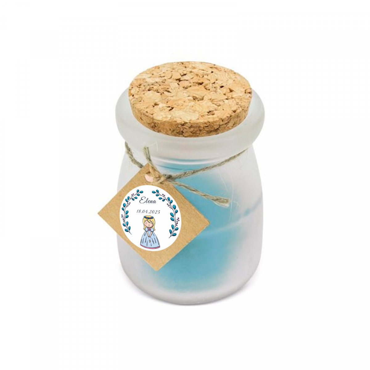 Vela aromática azul com tampa de cortiça e cartão personalizado para Comunhão de menina