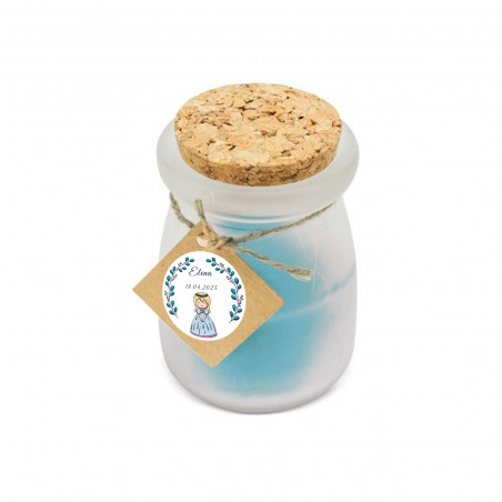 Vela aromática azul com tampa de cortiça e cartão personalizado para Comunhão de menina