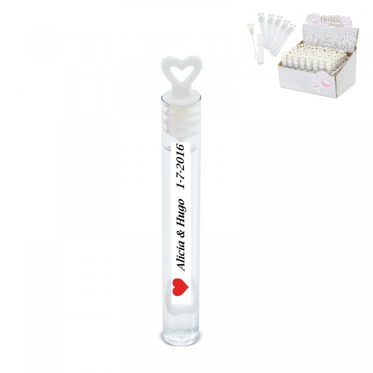 Mini pomperos com fixação de coração em pacote de 48 unidades com adesivos de casamento personalizados