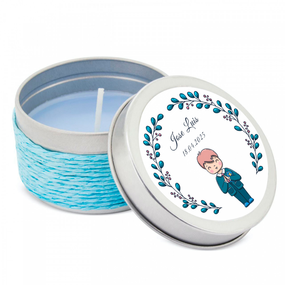 Vela aromática em lata metálica com corda personalizada para primeira comunhão menino
