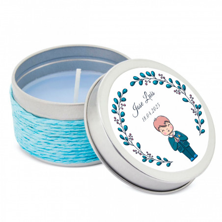 Vela aromática em lata metálica com corda personalizada para primeira comunhão menino