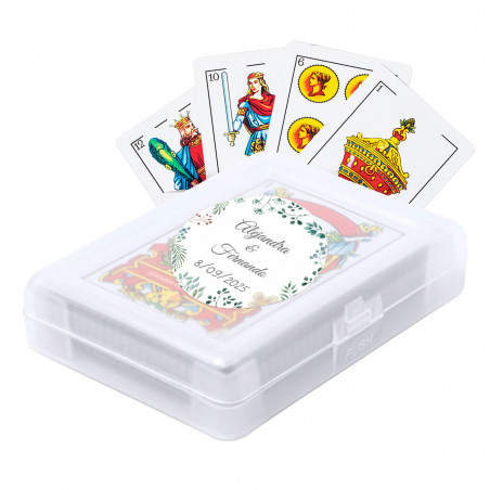 Baralho de cartas espanholas em caixa com adesivo de ervas personalizado para detalhes pessoais