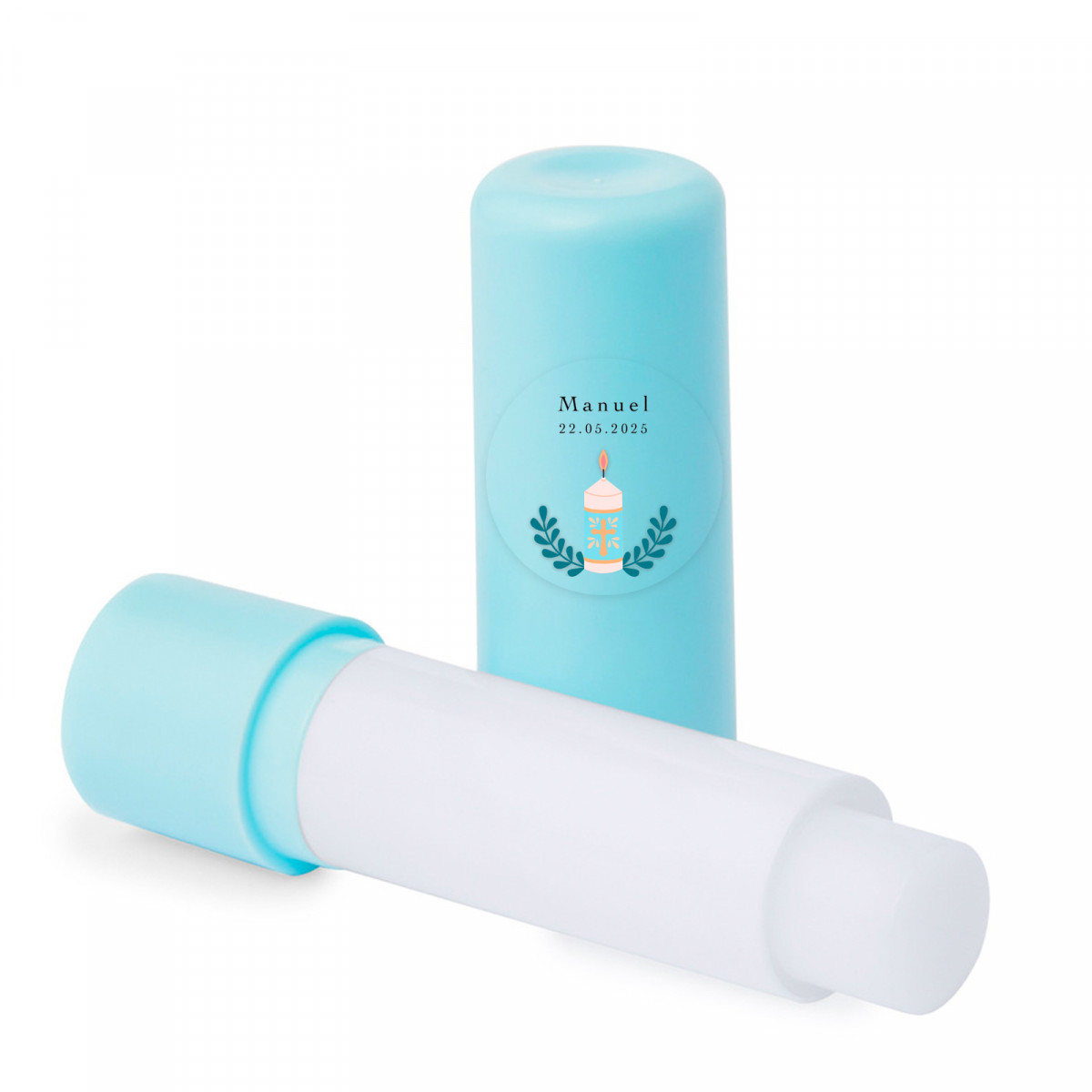 Bálsamo labial azul com adesivo personalizável para detalhes de convidados