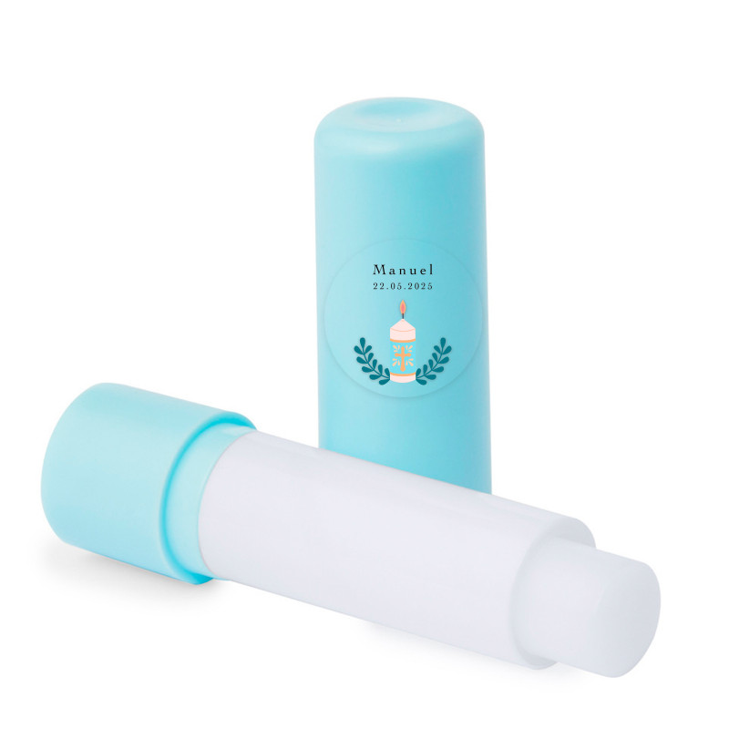 Bálsamo labial azul com adesivo personalizável para detalhes de convidados