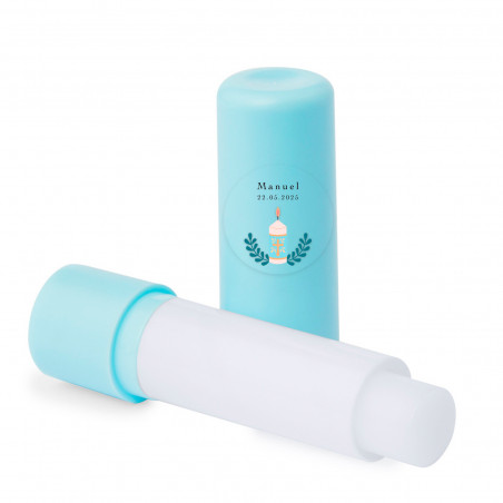 Bálsamo labial azul com adesivo personalizável para detalhes de convidados