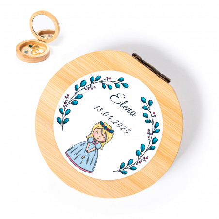 Caixa de bambu com adesivo elegante para detalhes de primeira comunhão para meninas