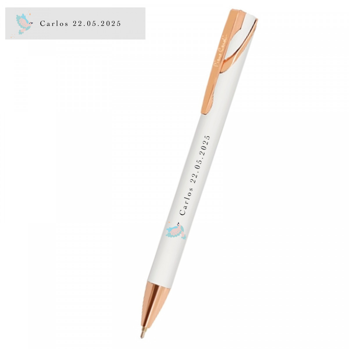 Caneta Pierre Cardin branca com adesivo personalizado para detalhes de convidados