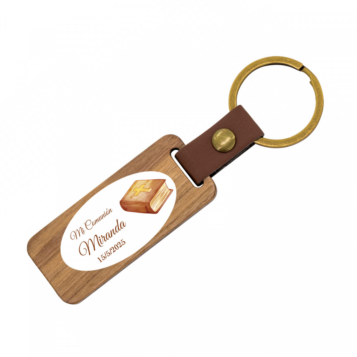 Chaveiro de madeira com adesivo personalizado para detalhe de Comunhão