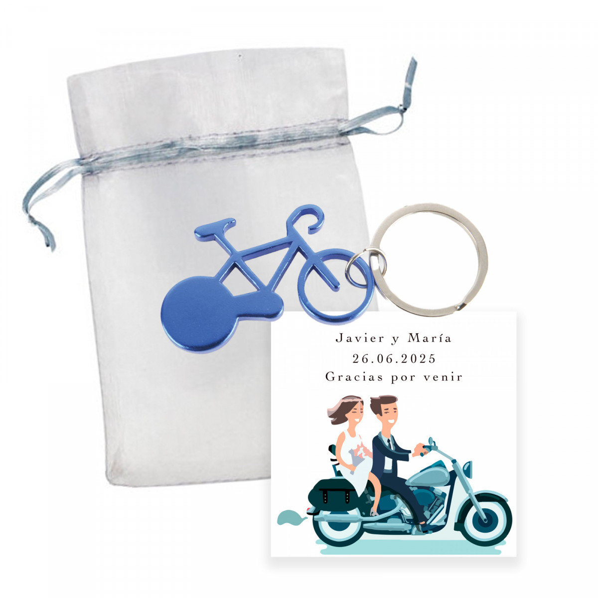 Chaveiro em forma de bicicleta azul e cartão de lembrança divertido para casamentos