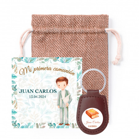 Chaveiro de poliéster marrom e cartão de lembrança personalizável em elegante bolsa de tecido para lembranças de primeira