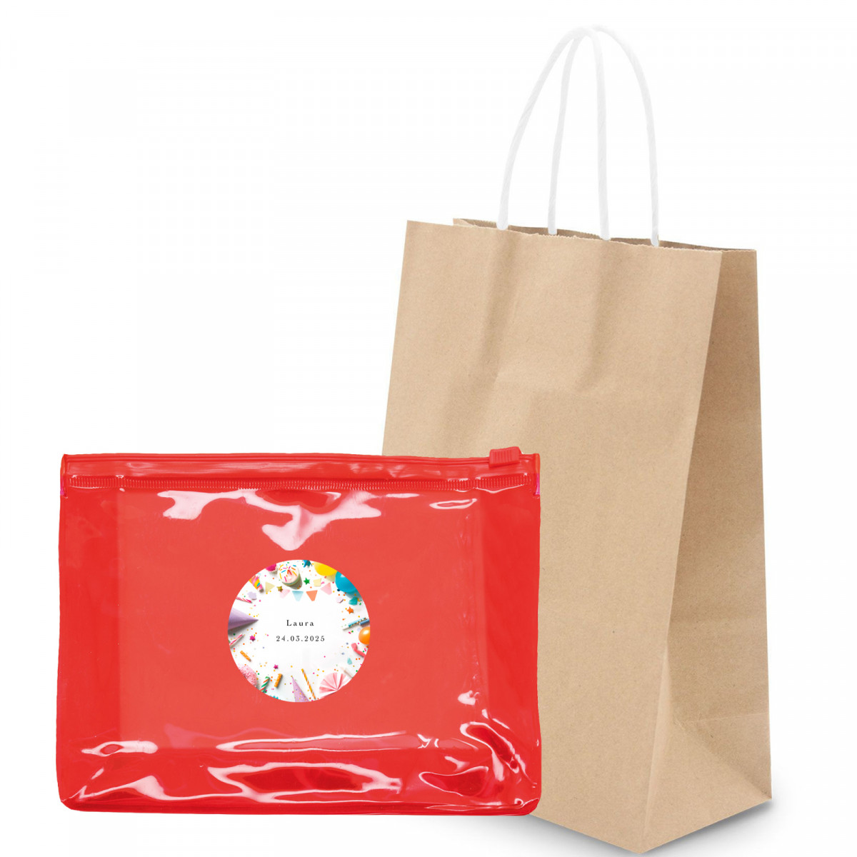 Necessaire vermelho transparente com adesivo de aniversário e bolsa