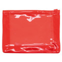 Necessaire vermelho transparente com adesivo de aniversário e bolsa