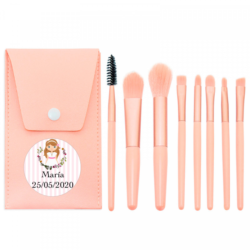 Pincéis de maquiagem em estojo rosa com adesivo de primeira comunhão menina para presentear