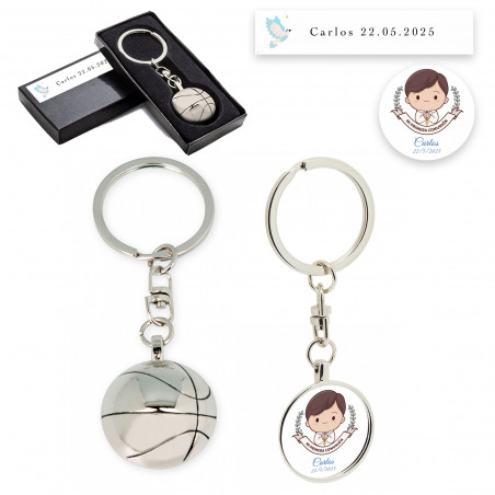 Chaveiro de metal design basquete e adesivo de menino de Primeira Comunhão em estojo personalizado