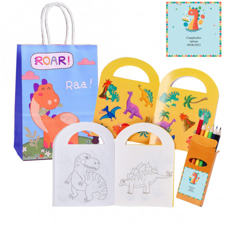 Livro para colorir de dinossauros com caixa de lápis personalizada em bolsa para aniversário