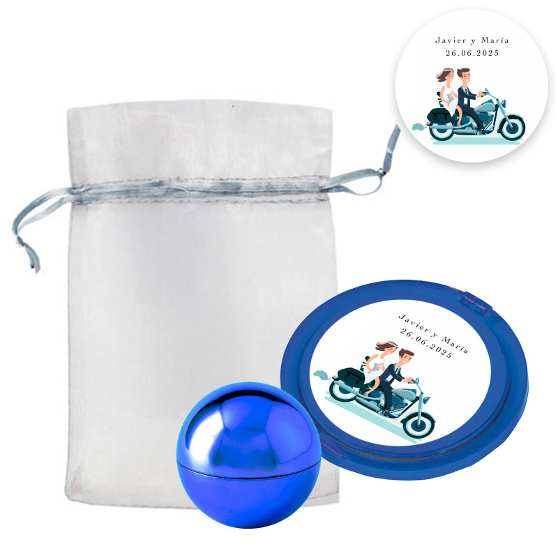 Brilho labial azul e espelho personalizado em bolsa de organza para detalhes de casamento