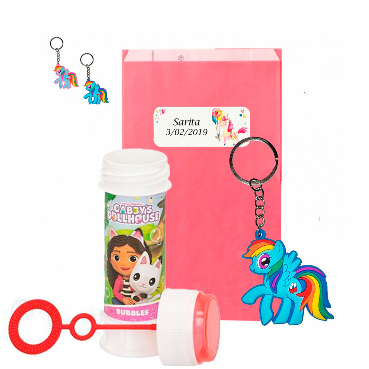 Pompero Gabby com chaveiro de unicórnio em envelope rosa com adesivo de unicórnio personalizável para detalhes