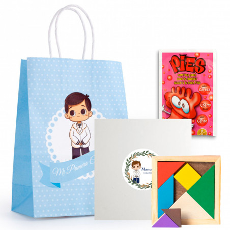 Tangram de madeira em caixa com adesivo de primeira comunhão com envelope pica pica em bolsa de comunhão para lembranças de