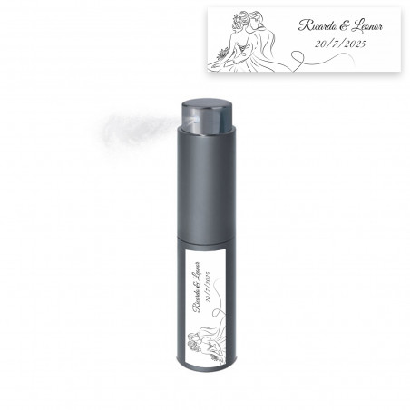 Perfumador compacto cor de chumbo com adesivo personalizado para casamento