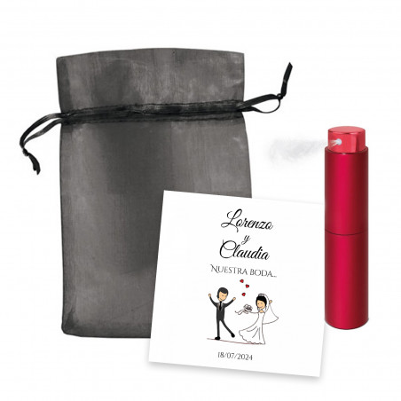 Perfumador compacto vermelho com cartão personalizado e bolsa de organza para casamentos