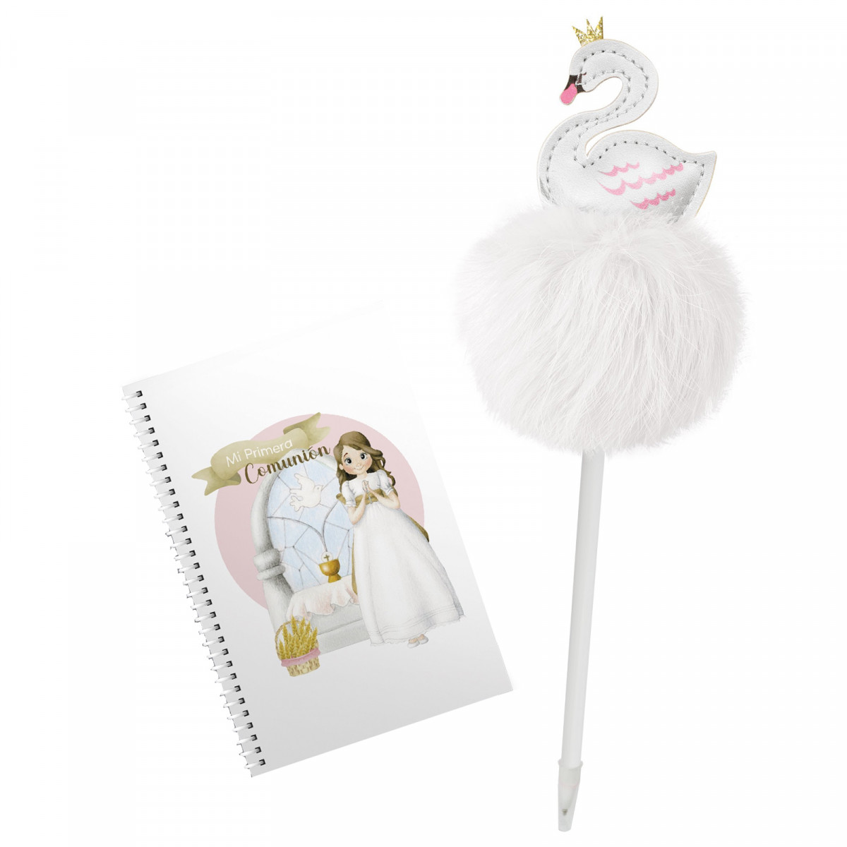 Caderno de primeira comunhão com caneta pompon