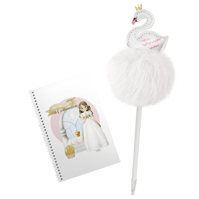 Caderno de primeira comunhão com caneta pompon