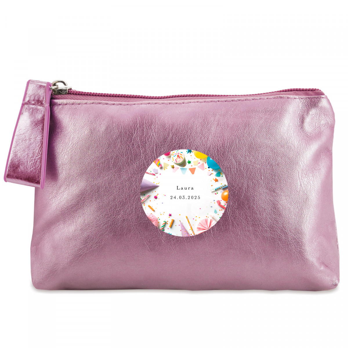 Necessaire rosa com adesivo personalizado de aniversário