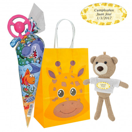 Urso de pelúcia personalizado com cone de doces em bolsa de papel infantil para aniversário
