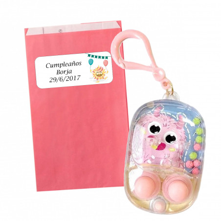 Jogo de habilidade com água, design de monstros e mosquetão em bolsa rosa e adesivo de aniversário personalizado