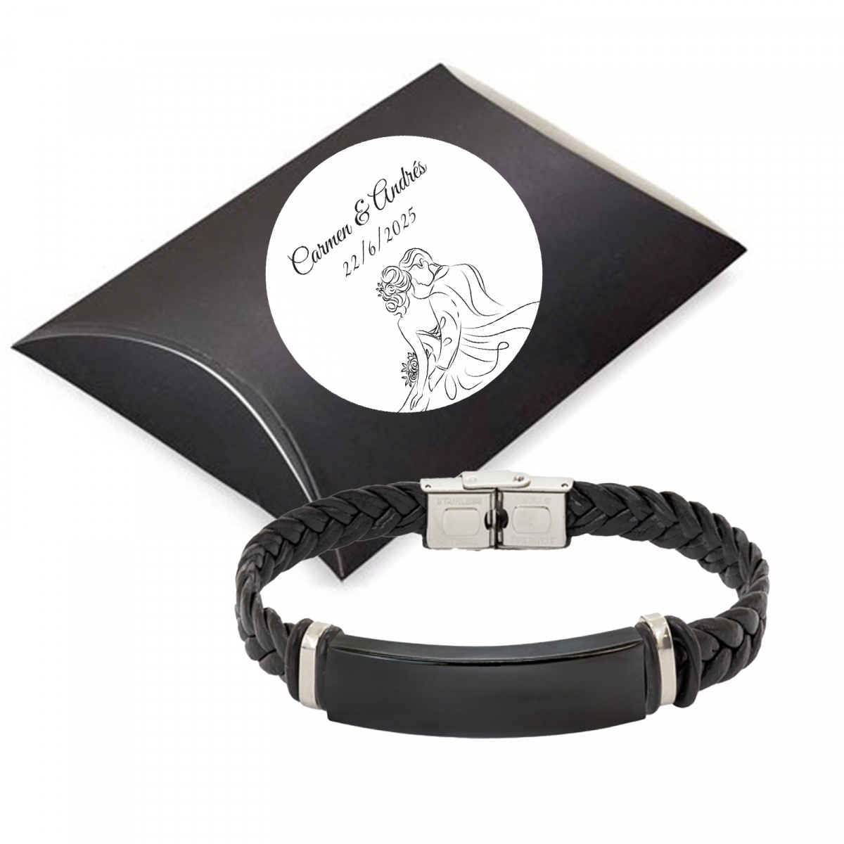 Pulseira preta de poli couro e aço para homens em estojo personalizado para detalhes de casamento